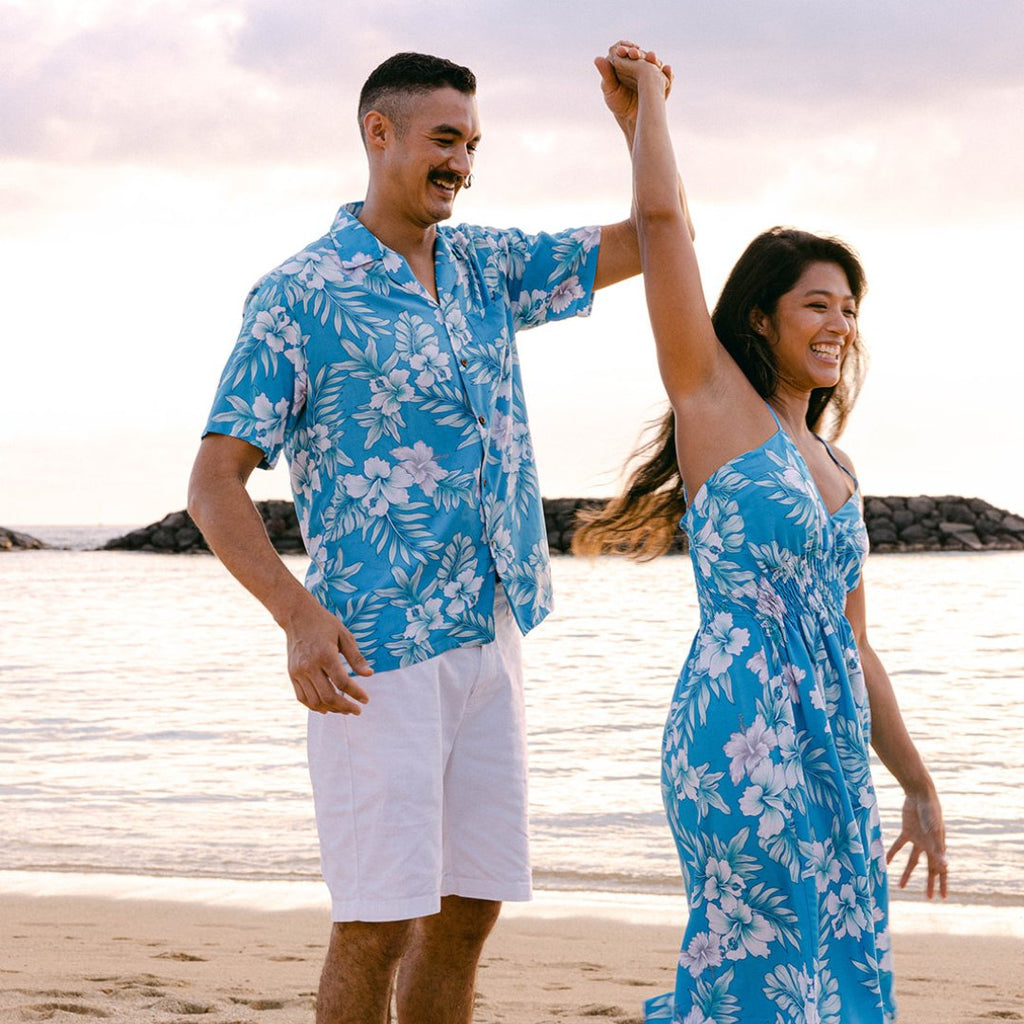 Bright Hibiscus Print in Black, Blue and White Hawaiian Matching Resort Wear with floral and greenery