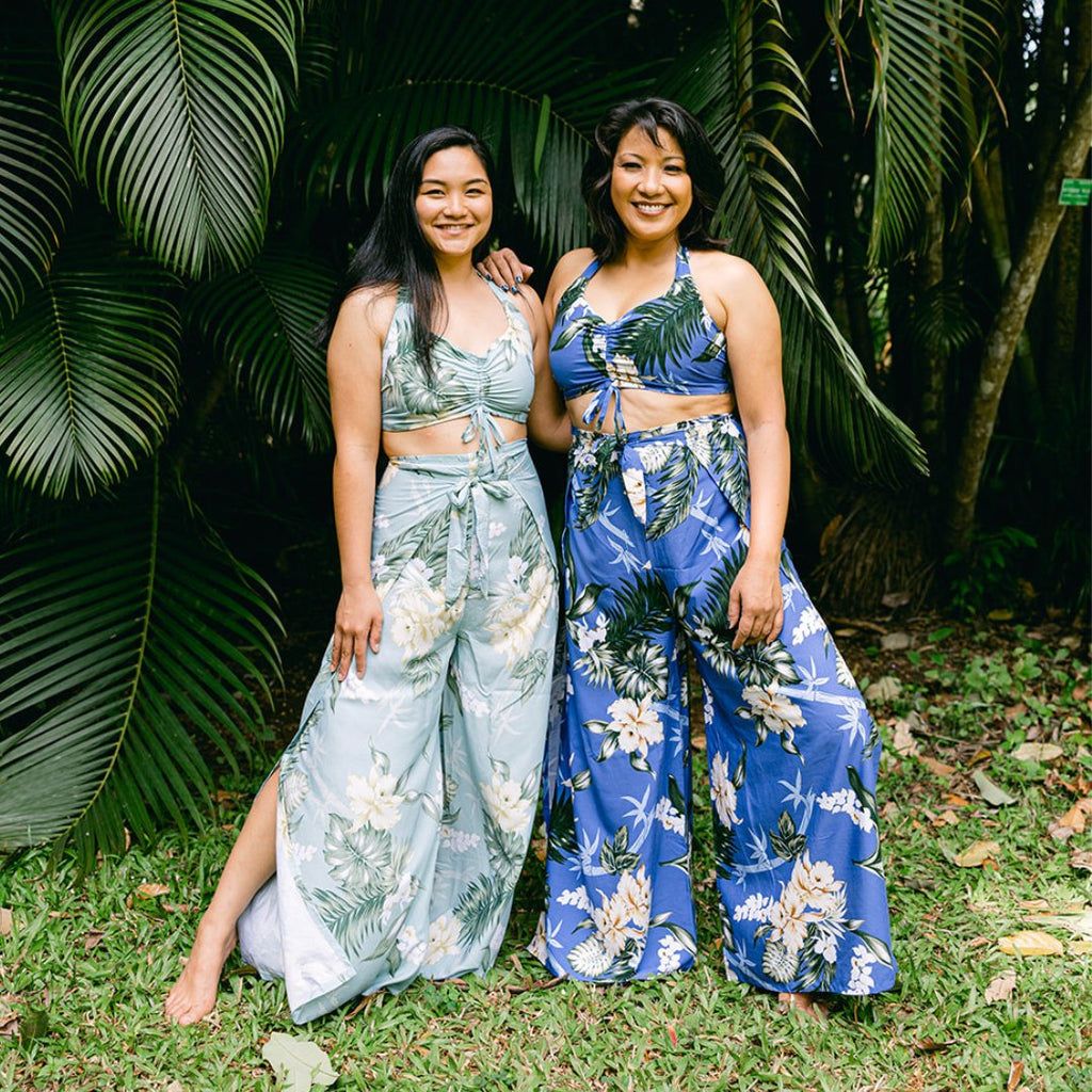 Bamboo Ginger Print in Blue and Sage Hawaiian Matching Resort Wear with floral and greenery