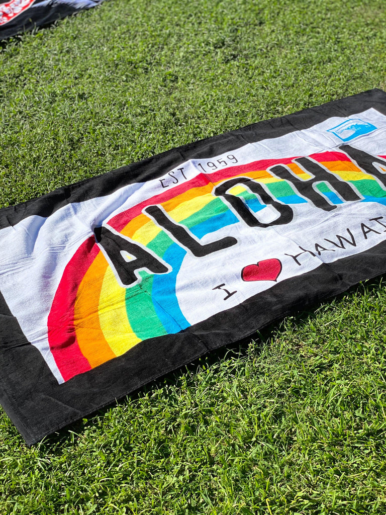 Aloha License Plate Beach Towel, 2 Sizes - Ninth Isle, Made with Aloha