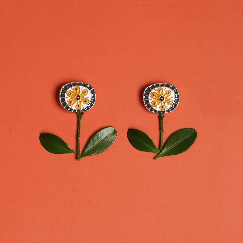 Vintage Sunflower Stud Earrings - Handmade Oil Paint Vintage Art Flowers Earrings - Ninth Isle, Made with Aloha