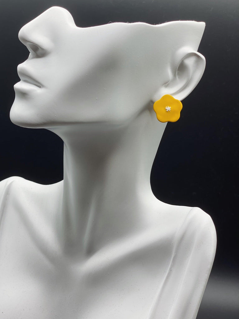 Yellow Single Flower Stud Earrings - Handmade Paint Flower Art Flowers Earrings - Ninth Isle, Made with Aloha