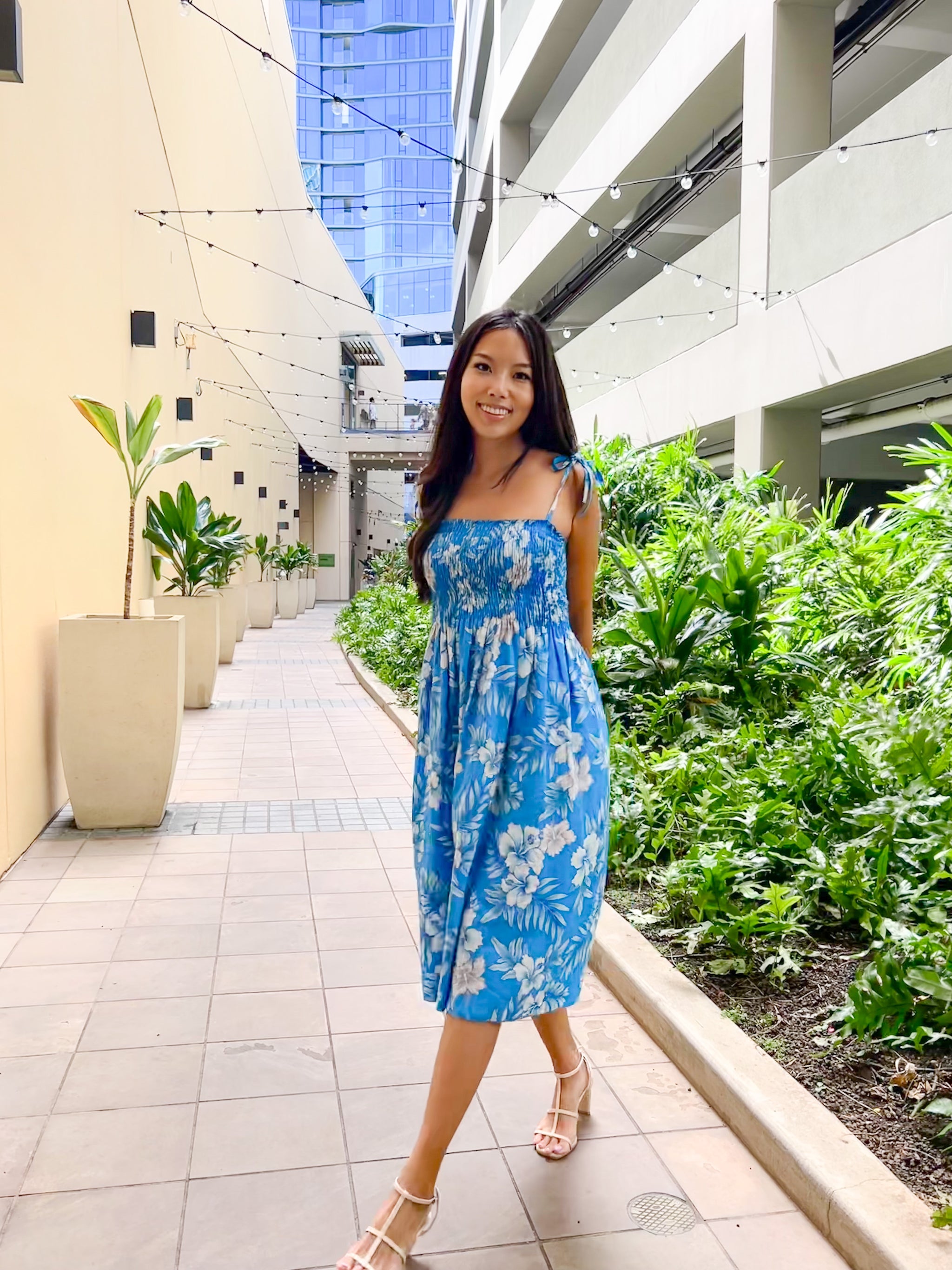 blue hibiscus dress Moana Long Blue Hibiscus Hawaiian Dress main image 0