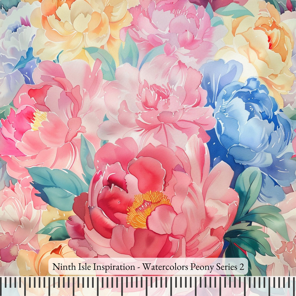 NIInspiration Print in HI, Watercolors Peony Rayon Fabric by the Yard - Bulk & Wholesale Available