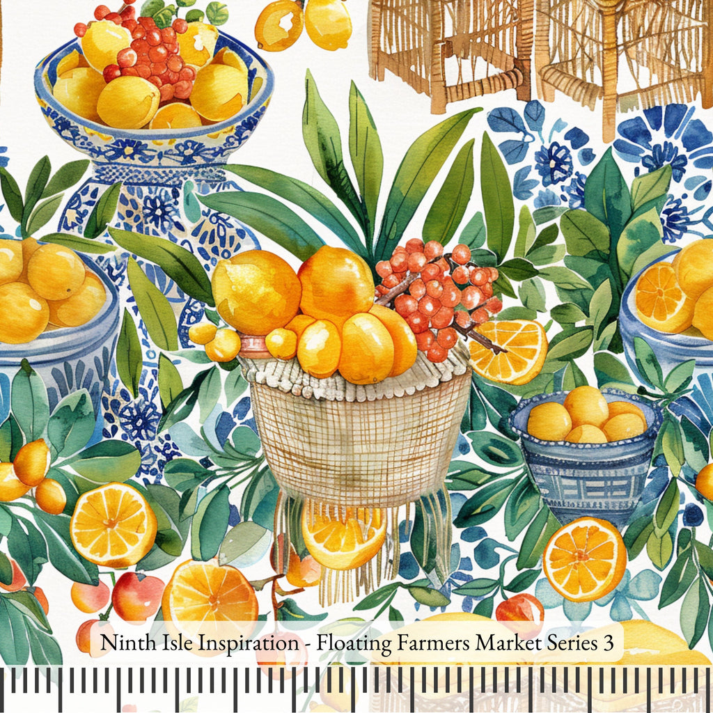 Floating Farmers Market Rayon Fabric by the Yard - NinthIsle Inspiration Exclusive Creative Art Bulk Order Available