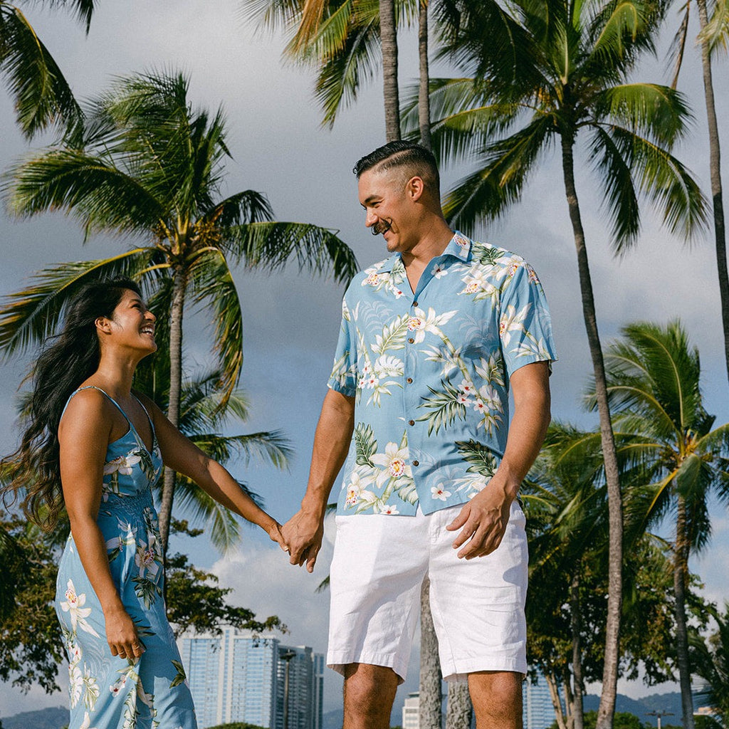 matching hawaiian shirt and dress for couples Ninthisle Made in Hawaii, Matching Aloha Shirt & Dress Super Soft Big Hibiscus Floral, Family Resort Wear Outfits, Wedding, Group, Gifts