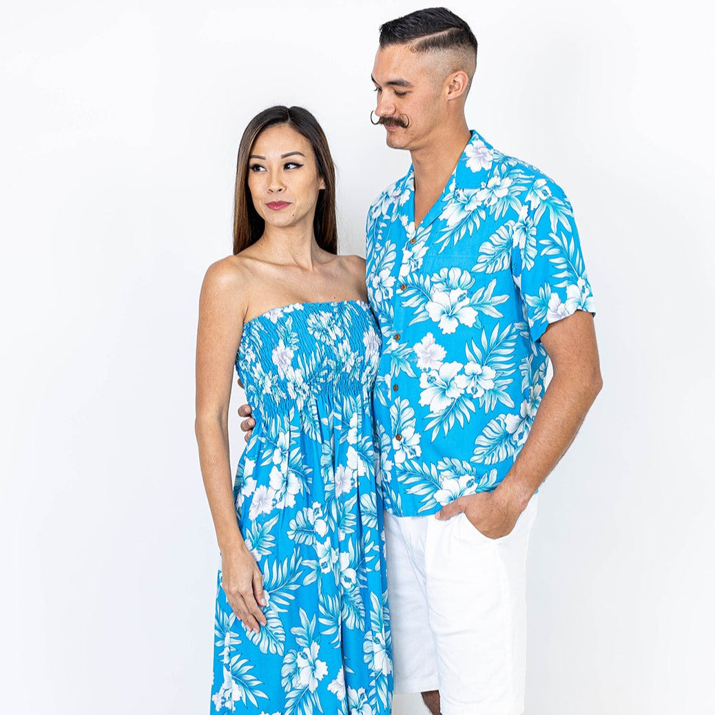 Super Soft Cotton Bright Hibiscus Couple 2024 Matching handblock fabric Shirt/Beach Dress - Wedding Group Bulk Quantities,