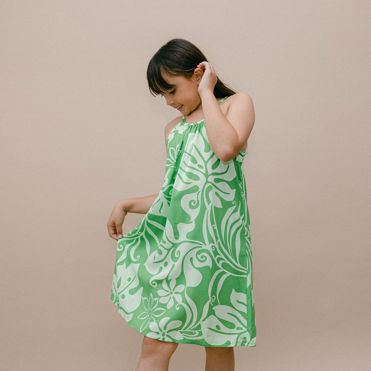 Monstera Abstract Girl's Halter Dress, Made in Hawaii Green / 6M Monstera Abstract Girl's Halter Dress, Made in Hawaii Green / 6M