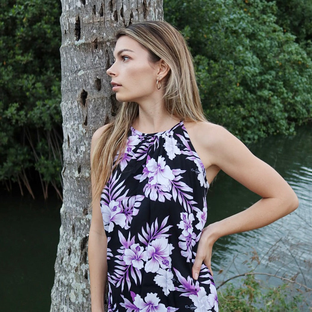 Bright Hibiscus Halter Dress, Made in Hawaii Blue / L