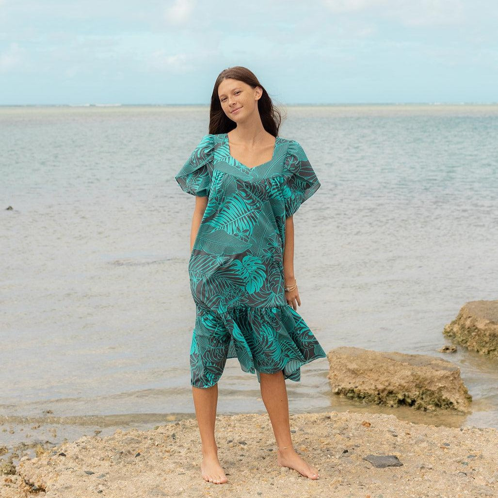short muumuu dress 70s Emerald Green Lustre House Dress - Short Muumuu Dress
