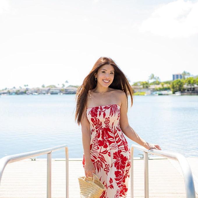 Big Hibiscus Tube Dress, Made in Hawaii Red / Long