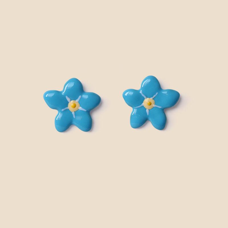 Blue Single Flower Stud Earrings - Handmade Paint Flower Art Flowers Earrings - Ninth Isle, Made with Aloha