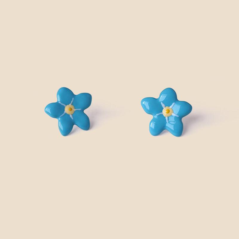 Blue Single Flower Stud Earrings - Handmade Paint Flower Art Flowers Earrings - Ninth Isle, Made with Aloha