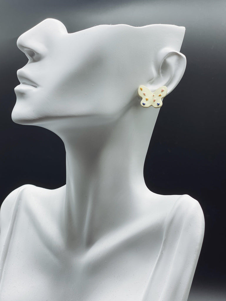 Cream Butterfly Stud Earrings - Handmade Paint Art Cute Earrings - Ninth Isle, Made with Aloha