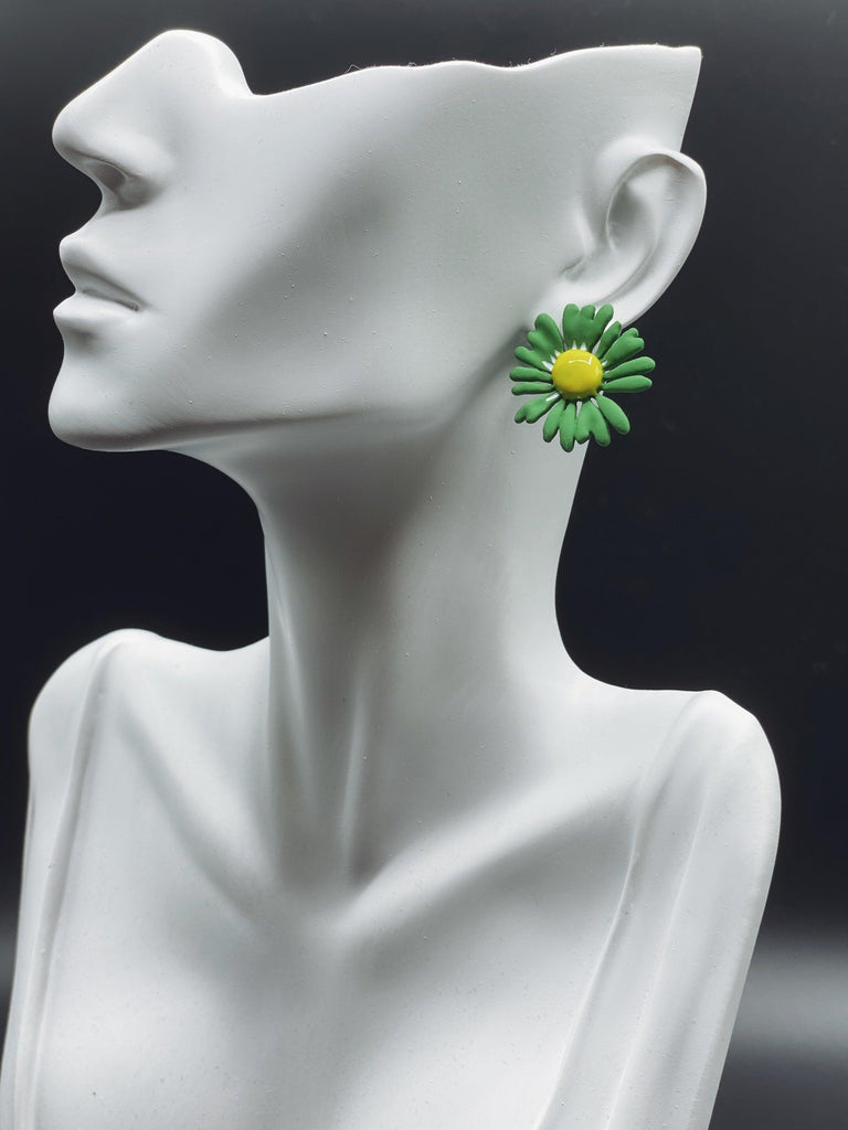 Green Single Flower Stud Earrings - Handmade Paint Flower Art Flowers Earrings - Ninth Isle, Made with Aloha