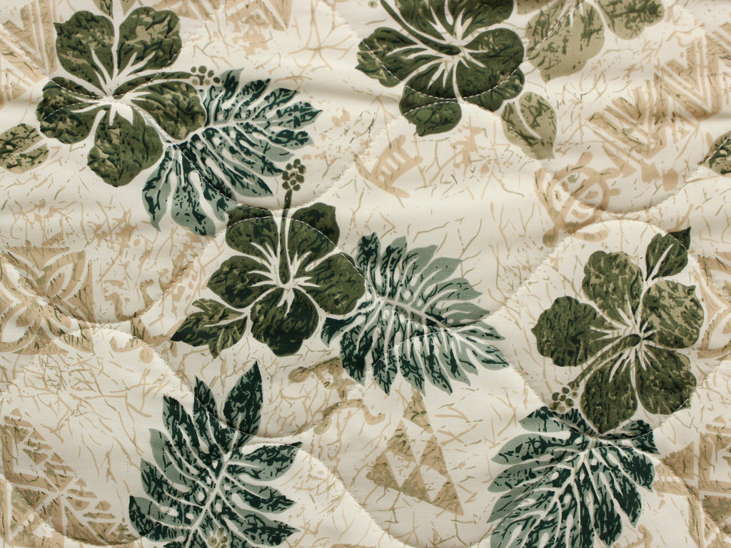 Hibiscus and Fern Beige - Quilted Fabric - 52" Wide - Polycotton - Ninth Isle, Made with Aloha