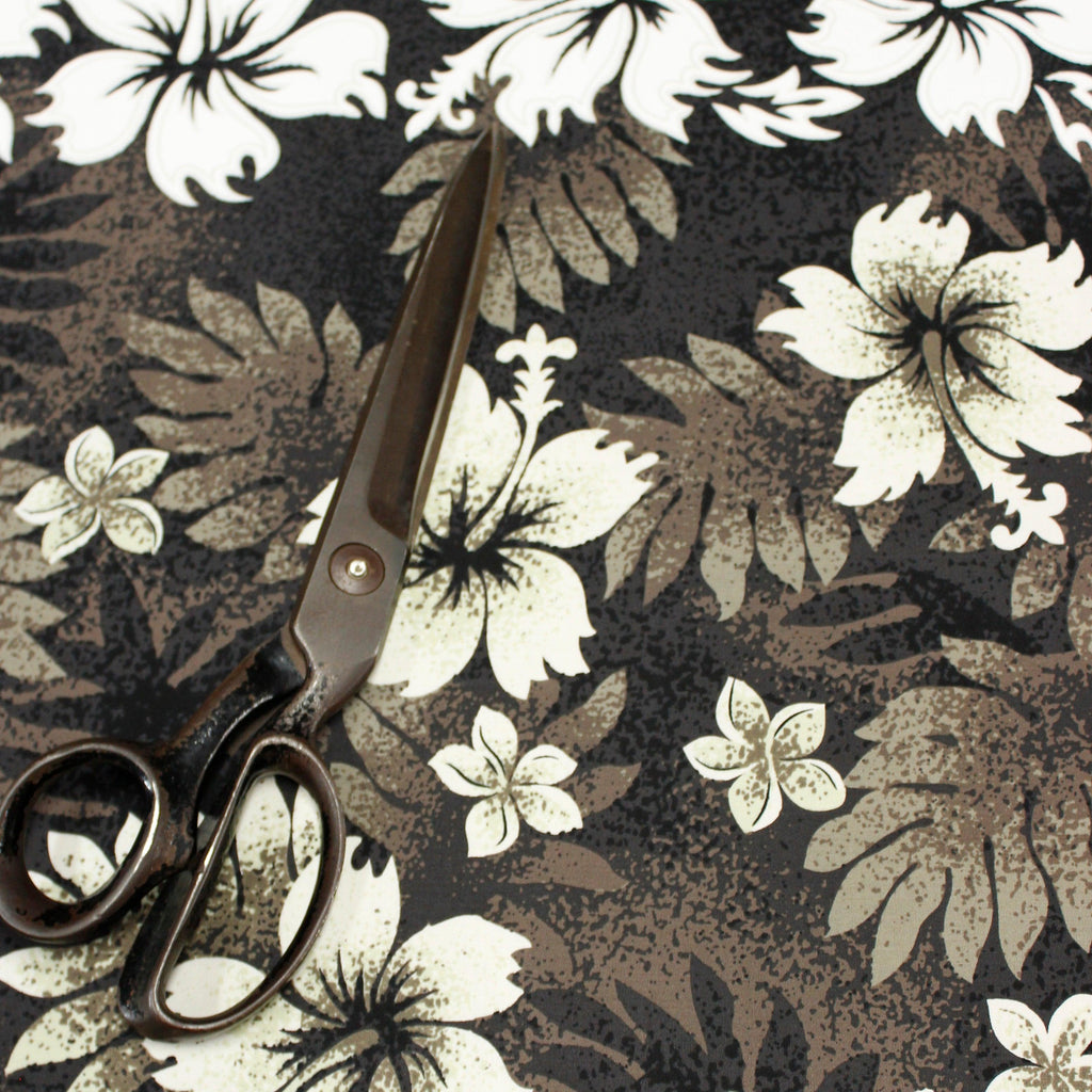 Hibiscus and Fern Black Fabric by the Yard