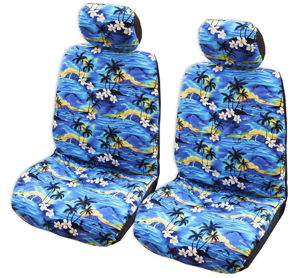 Made in Hawaii, Blue 100 Sunsets Hawaiian Separate Headrest Car Seat Cover - Set of 2 - Ninth Isle, Made with Aloha