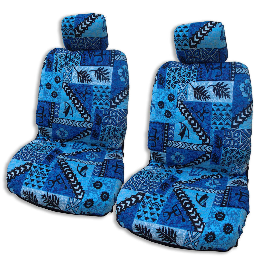 Made in Hawaii, Blue Hawaiian Tapa Design Separate Headrest Car Seat Cover - Set of 2 - Ninth Isle, Made with Aloha