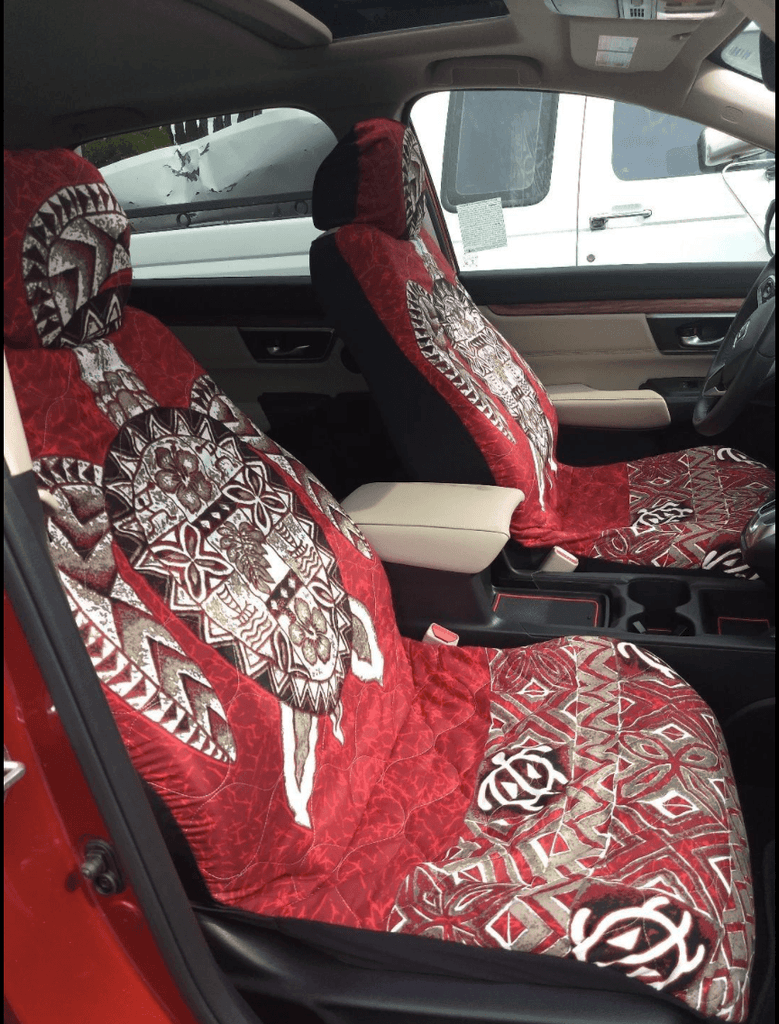 Made in Hawaii, Brown Hawaiian Tapa Design Separate Headrest Car Seat Cover - Set of 2 - Ninth Isle, Made with Aloha