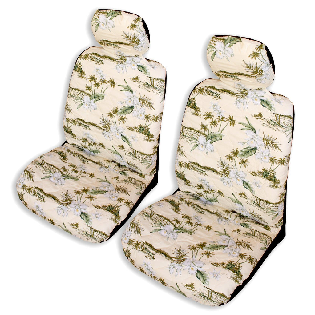 Made in Hawaii, Cream Orchid Hawaiian Separate Headrest Car Seat Cover - Set of 2 - Ninth Isle, Made with Aloha