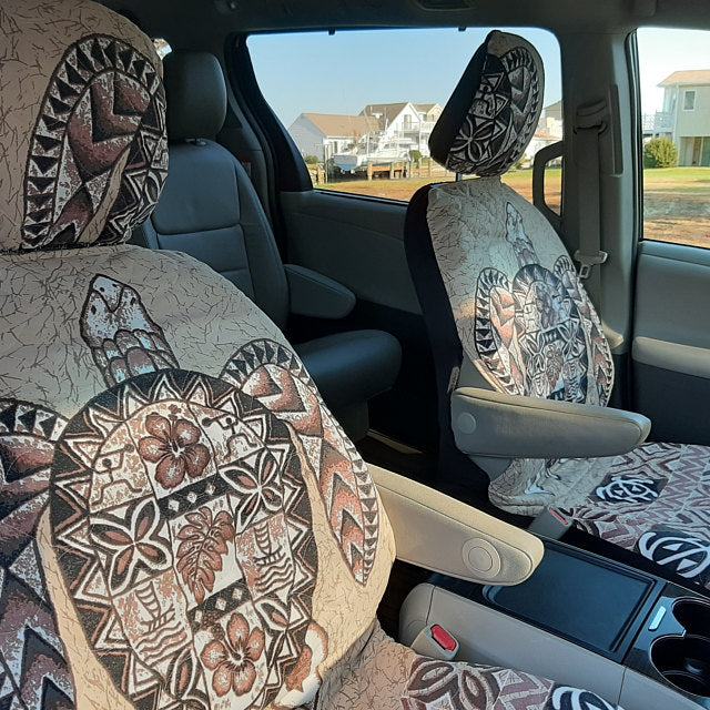 Made in Hawaii, Green 100 Sunsets Hawaiian Separate Headrest Car Seat Cover - Set of 2 - Ninth Isle, Made with Aloha