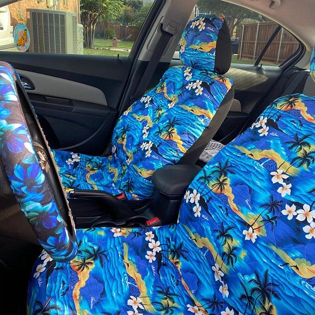 Made in Hawaii, Green 100 Sunsets Hawaiian Separate Headrest Car Seat Cover - Set of 2 - Ninth Isle, Made with Aloha