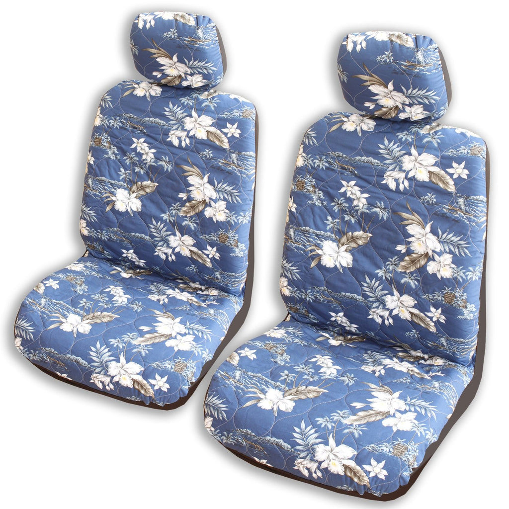 Made in Hawaii, Navy Orchid Hawaiian Separate Headrest Car Seat Cover - Set of 2 - Ninth Isle, Made with Aloha
