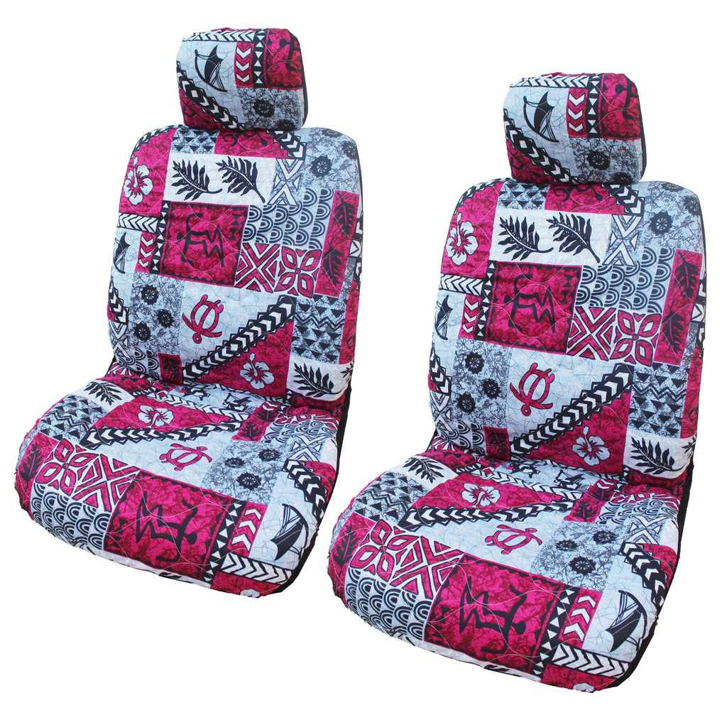 Made in Hawaii, Red Hawaiian Tapa Design Separate Headrest Car Seat Cover - Set of 2 - Ninth Isle, Made with Aloha