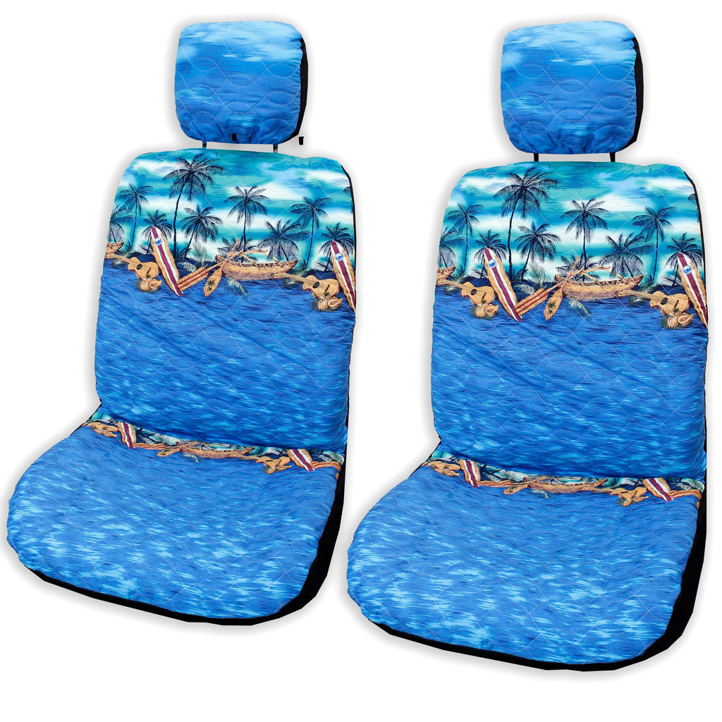 Made in Hawaii, Sunset Canoe Blue Separate Headrest Hawaiian Car Seat Cover - Set of 2 - Ninth Isle, Made with Aloha