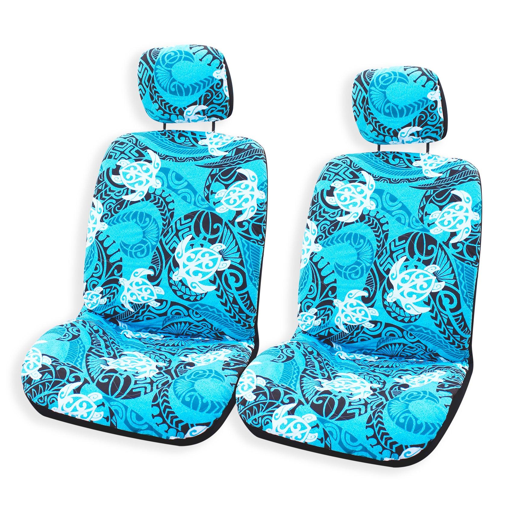 Made in Hawaii - Set of 2, Separate Headrest Car Seat Cover - Tribal fashion Watercolor Art Hawaiian Tapa Design - Handmade Customization Gift