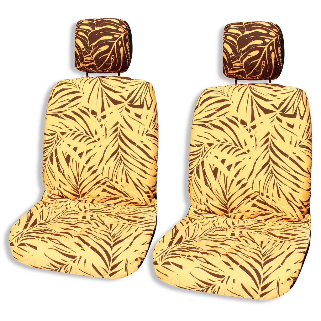 Made in Hawaii, Yellow And Brown Ferns Hawaiian Separate Headrest Car Seat Cover - Set of 2 - Ninth Isle, Made with Aloha