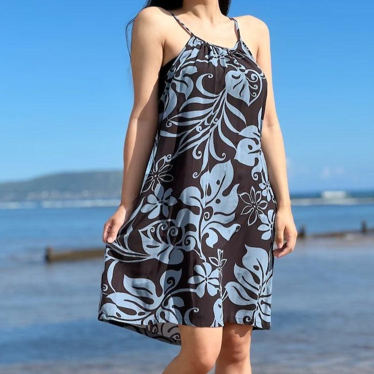Monstera Abstract Halter Dress, Made in Hawaii Black / L