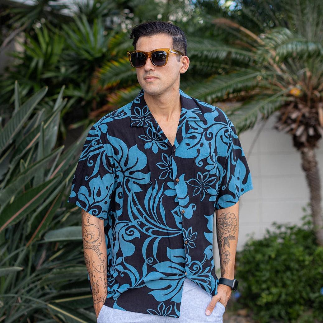 Monstera Abstract Men's Aloha Shirt, Made in Hawaii Black / 4XL
