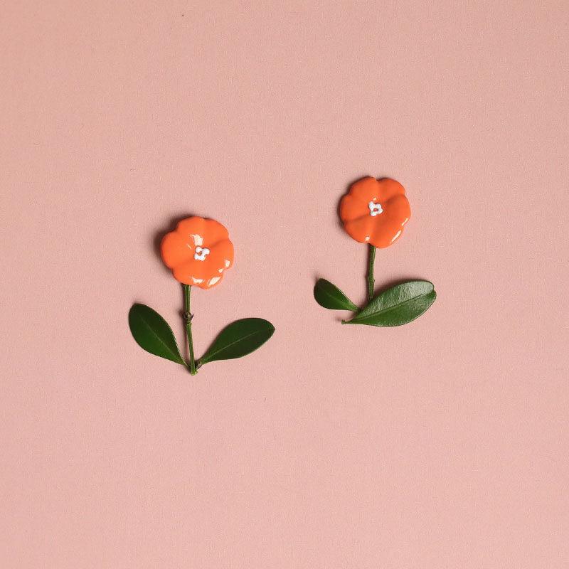 Orange Single Flower Stud Earrings - Handmade Paint Flower Art Flowers Earrings - Ninth Isle, Made with Aloha