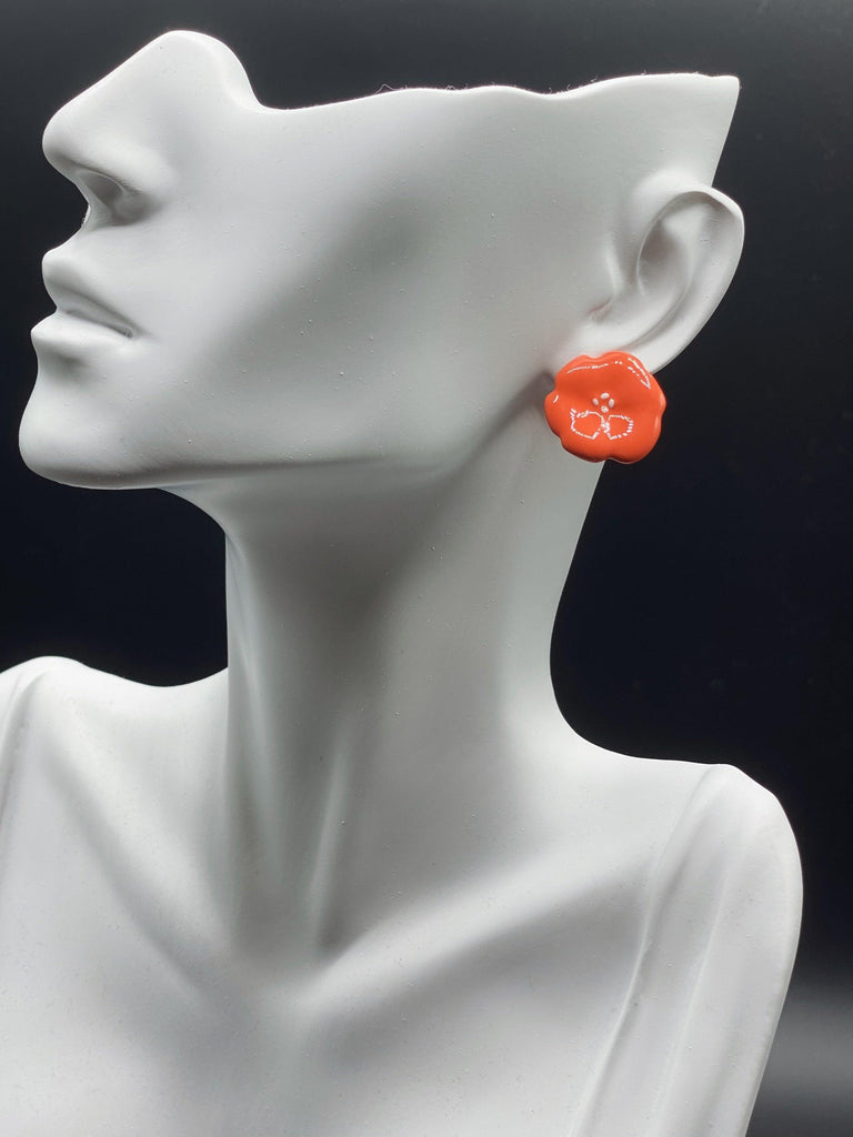 Orange Single Flower Stud Earrings - Handmade Paint Flower Art Flowers Earrings - Ninth Isle, Made with Aloha