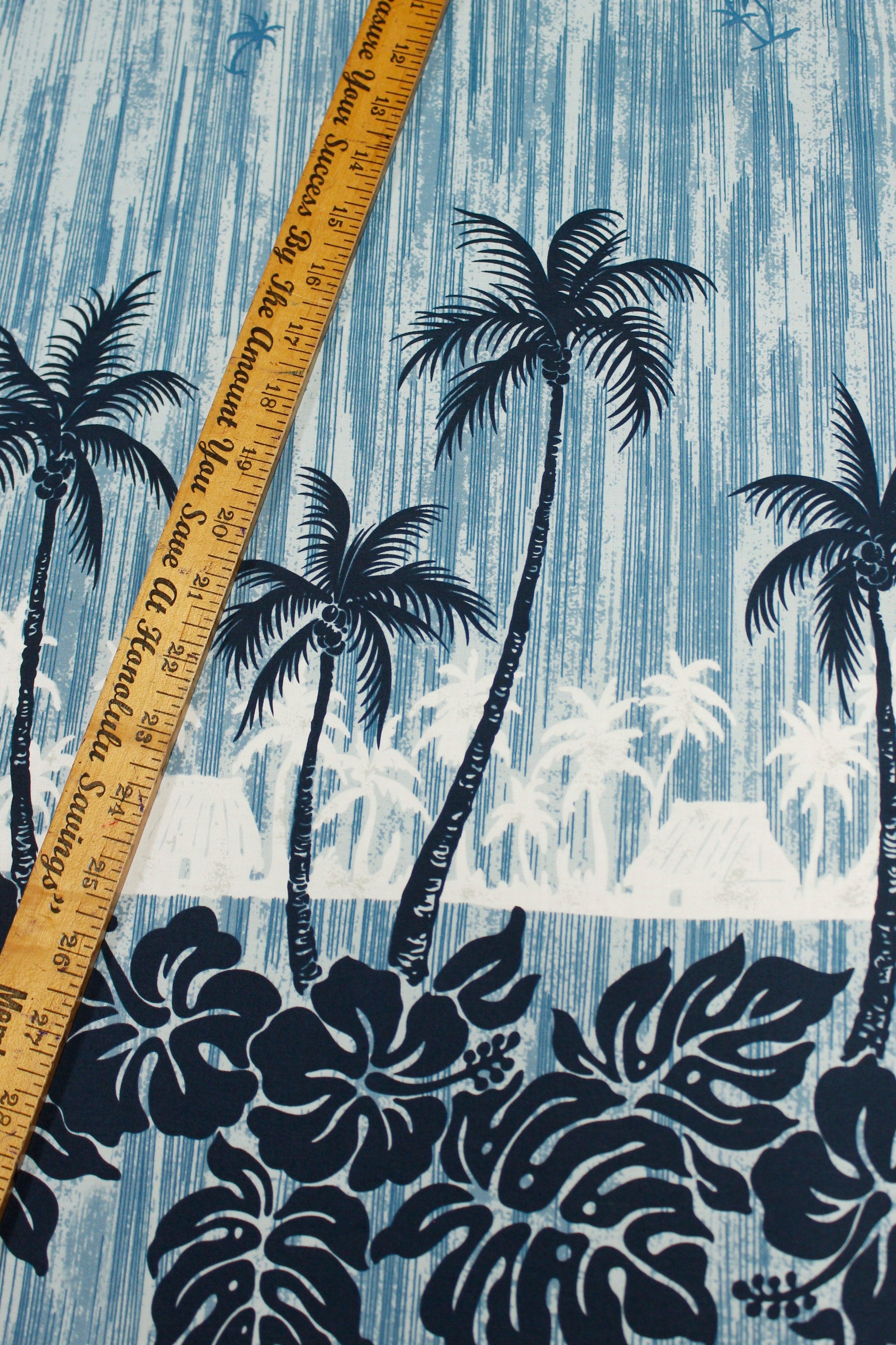 1 Yard of Tropical Fabric Palm Trees Aqua top Blue 100% Cotton Barkcloth Island Polynesia Hawaii Rarotonga Tahiti Upholstery