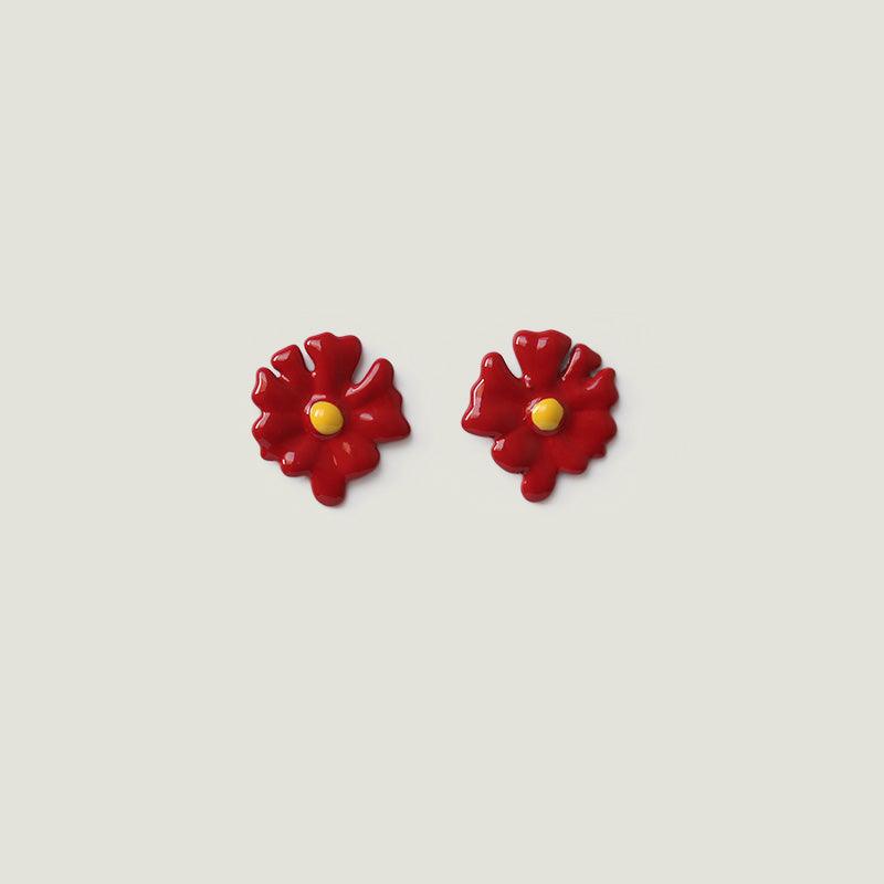 Red Single Daisy Stud Earrings - Handmade Paint Flower Art Flowers Earrings - Ninth Isle, Made with Aloha
