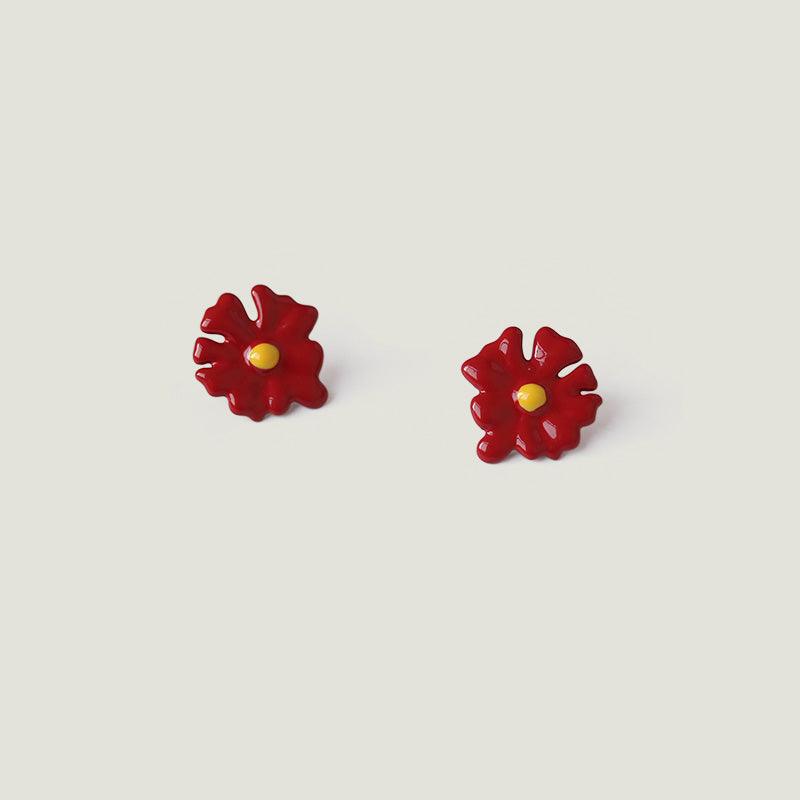 Red Single Daisy Stud Earrings - Handmade Paint Flower Art Flowers Earrings - Ninth Isle, Made with Aloha